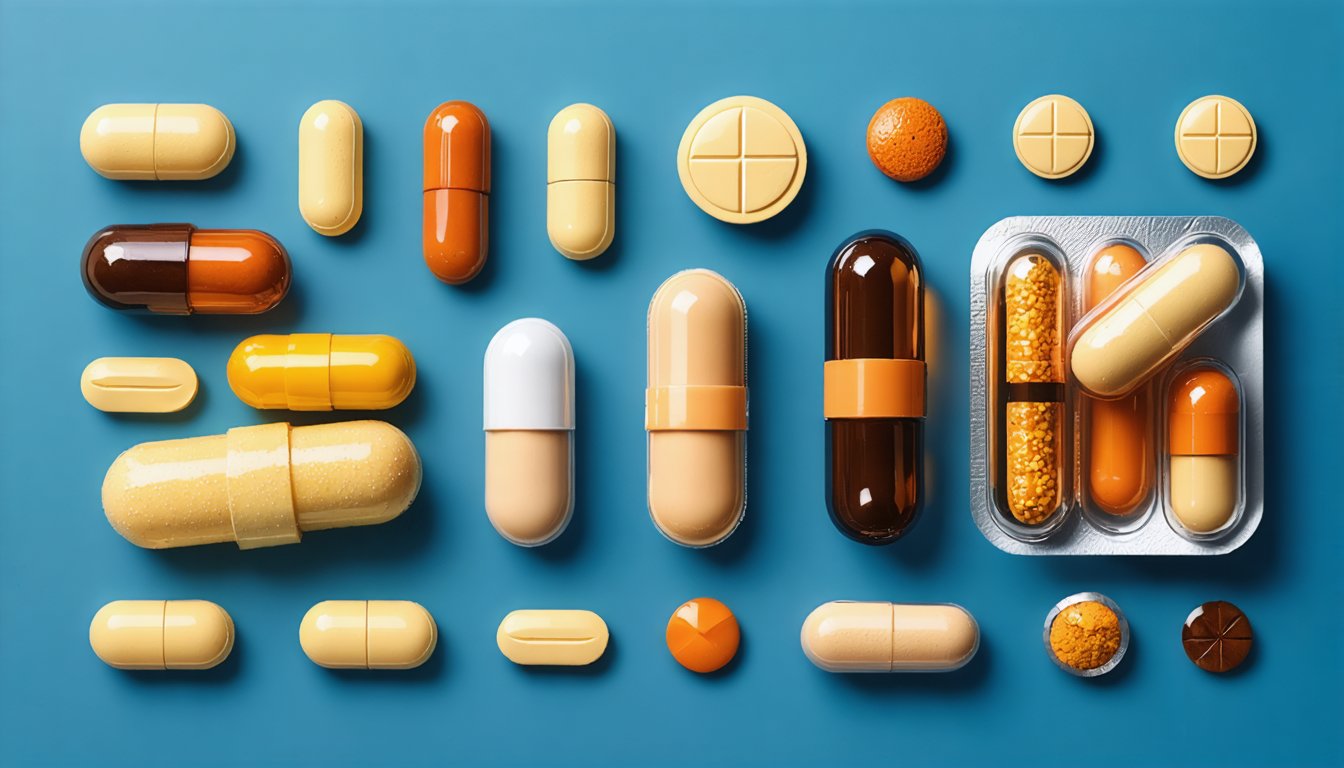 Various men's sexual health supplements including herbal capsules, vitamins, and omega-3 pills arranged on a table with a glass of water