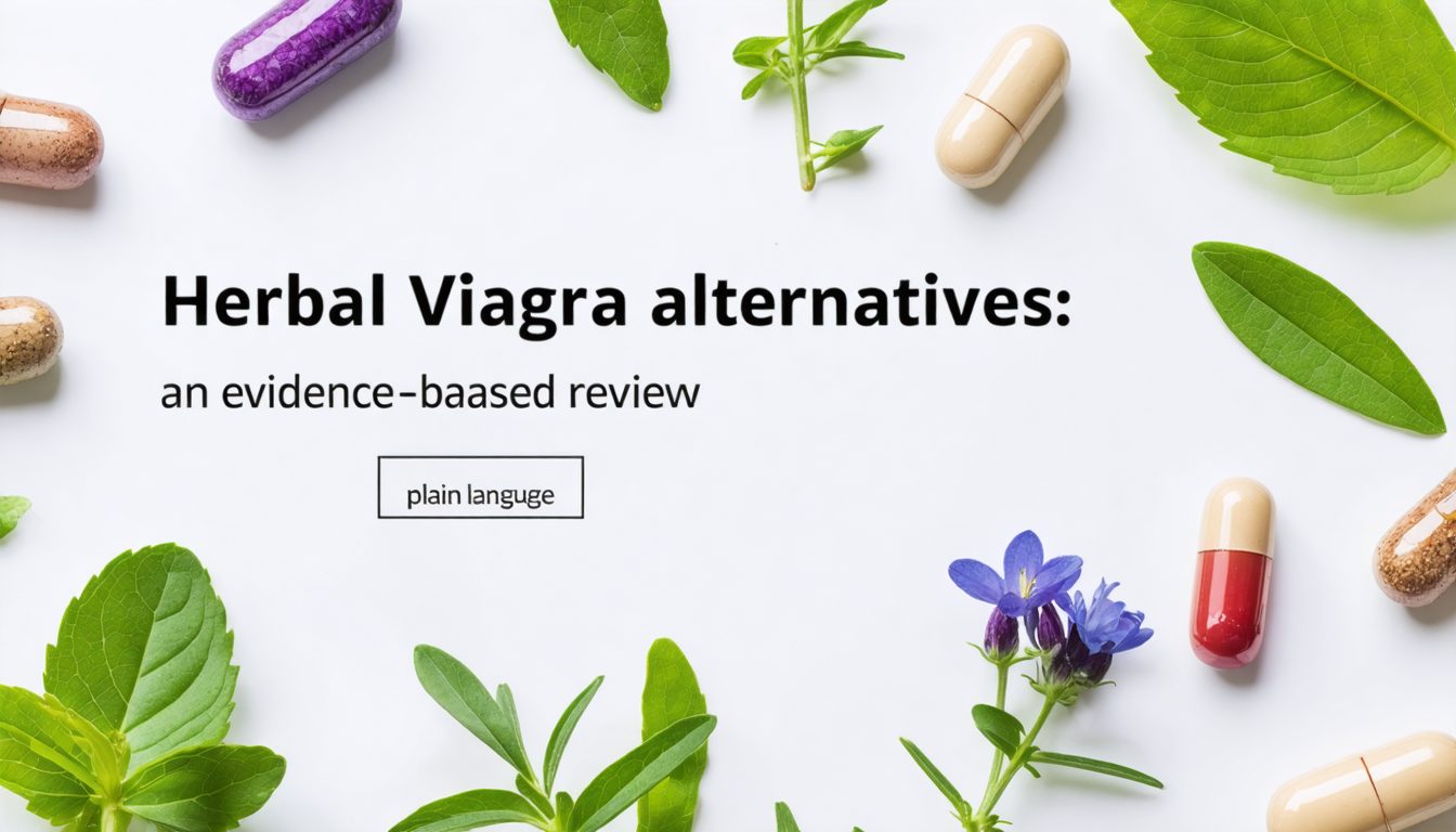 Bottles of herbal supplements and medicinal plants commonly marketed as natural alternatives to Viagra, placed on a wooden table with a stethoscope to symbolize medical evaluation.